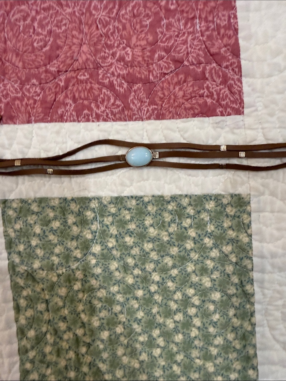 Brown Leather Multi-Strand Choker Necklace with Light Blue Stone & Gold Accent